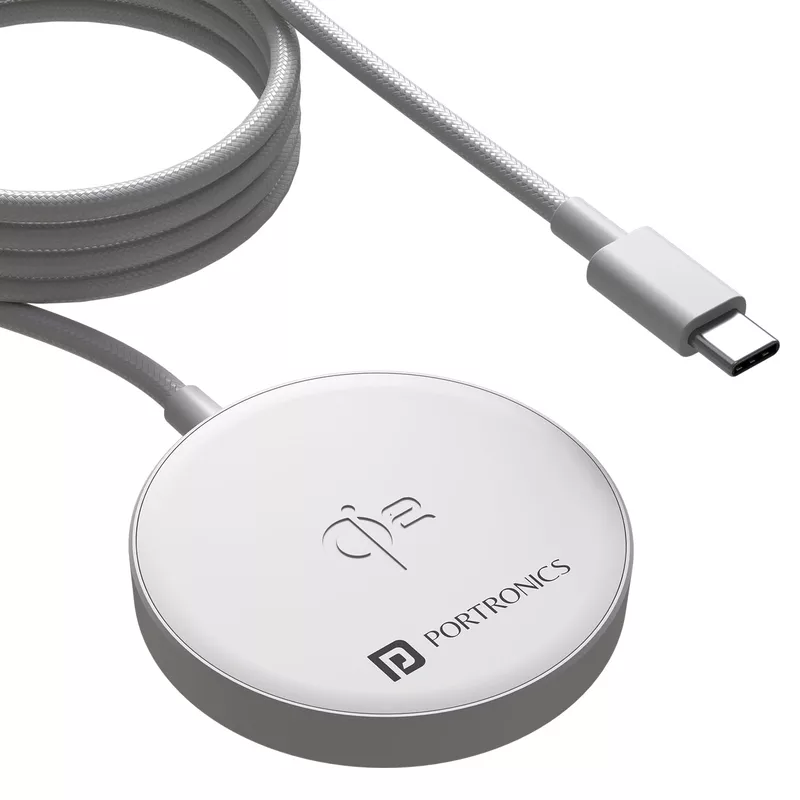 Portronics Quikk Qi2 15W Mag Wireless Charger features Type-C input for fast charging. Its sleek design and magnetic alignment ensure efficient power delivery for your devices. Compact and portable.