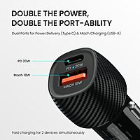 Portronics 20W Dual Output Car Charger 20W Type-C PD + 18W USB Fast Charging Black
