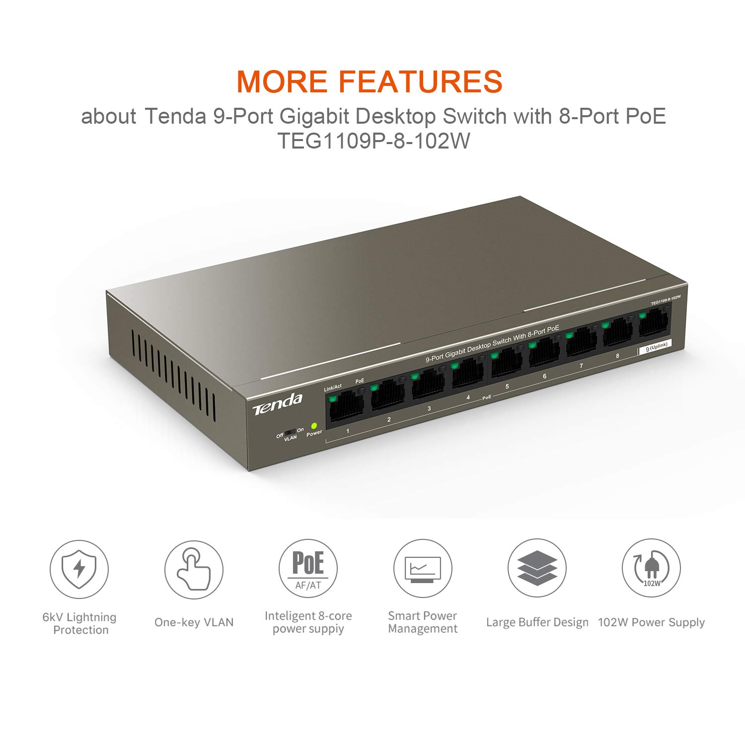 Tenda TEG1109P-8-102W 9-Port Gigabit Desktop Switch with 8-Port PoE