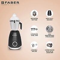 Faber Crown 800W Blender Mixer Grinder, 3 SS clip lock jars and blades low-noise copper motor, up to 20000 rpm speed