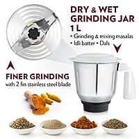 Borosil Supermax Mixer Grinder, For Wet/Dry Mixing & Grinding, 750 Watts, 3 Stainless Steel Jars(1.5 L Blending Jar, 1 L Dry/Wet Grinder, 400 ml Chutney Jar), Mixie For Kitchen, Blue
