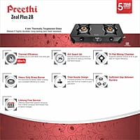 Preethi Blu Flame Zeal Plus Glass Top 2-Burner Manual Gas Stove
