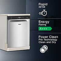 Whirlpool 14 Place Settings PowerClean Pro Technology Dishwasher (WFO 3O33 PL N X IN, Inox, 30% extra space, 11 wash Programs, Clean and Dry