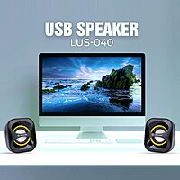 Lapcare LUS‑040: compact 2.0‑channel multimedia USB speaker (3 W × 2), 180 Hz–20 kHz frequency range, wired volume control, USB‑powered—plug & play, 1‑yr warranty.