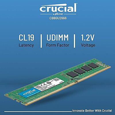 Crucial Basics 8GB DDR4 1.2v 2666Mhz CL19 UDIMM RAM Memory Module for Desktop, Green Crucial Basics 8GB DDR4 1.2v 2666Mhz CL19 UDIMM RAM Memory Module for Desktop, Green