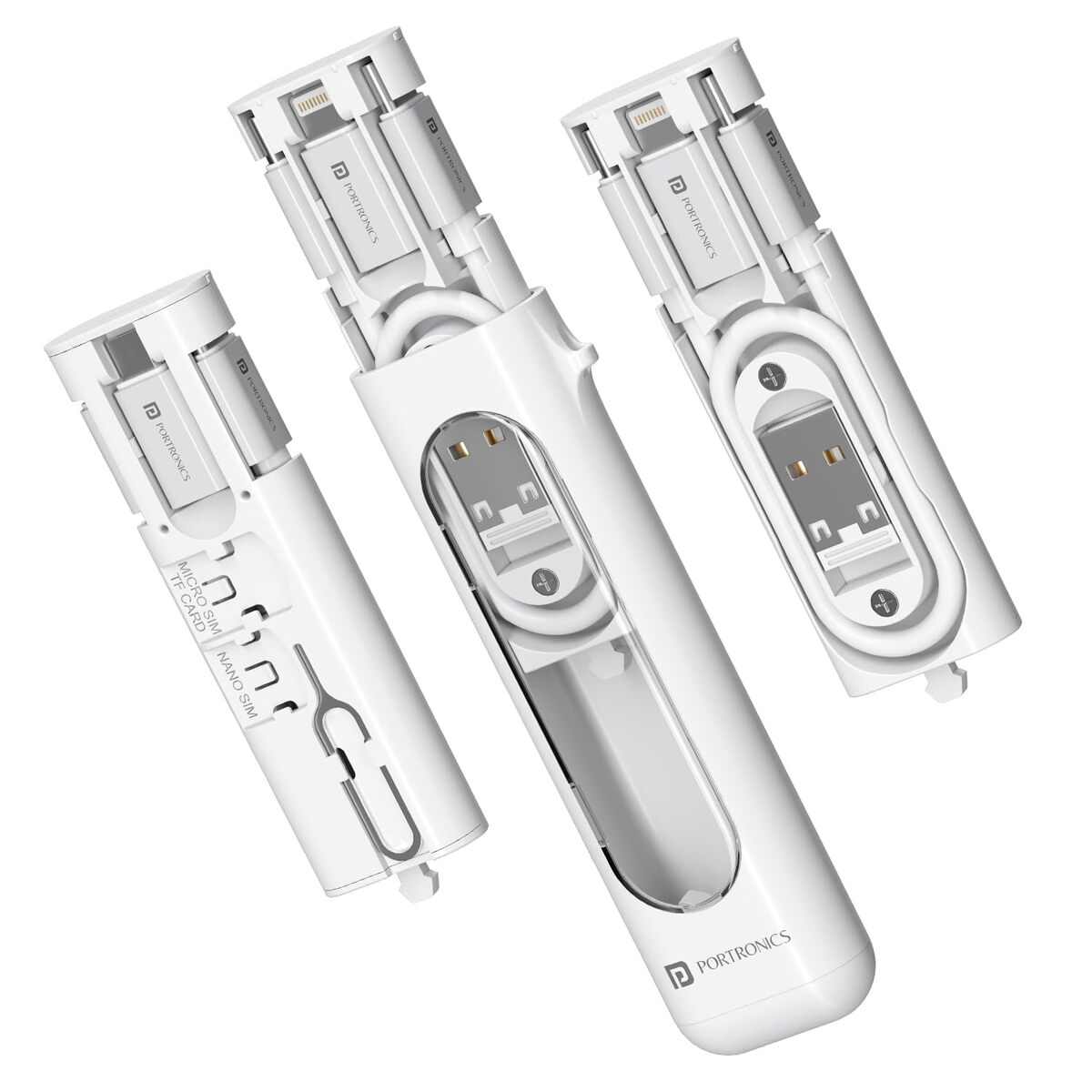 Portronics Snapcase 4 60W Multifunctional Fast Charging Data Cable Kit – Transparent  USB-A & Type-C to Male MicroType-CLightning  Data Transfer  Sim Storage & Eject Pin