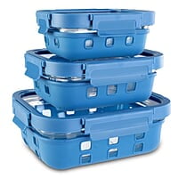 AGARO Imperial Borosilicate Glass Containers with Silicone Sleeves & with Lock Lid, 3 pcs Set, 370ml, 640ml, 1050ml