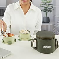 Borosil Glory Green Stainless Steel Lunchbox with Bag | 3 pcs Container Set (280 ml Each) | Microwavable Tiffin