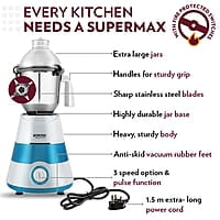 Borosil Supermax Mixer Grinder, For Wet/Dry Mixing & Grinding, 750 Watts, 3 Stainless Steel Jars(1.5 L Blending Jar, 1 L Dry/Wet Grinder, 400 ml Chutney Jar), Mixie For Kitchen, Blue