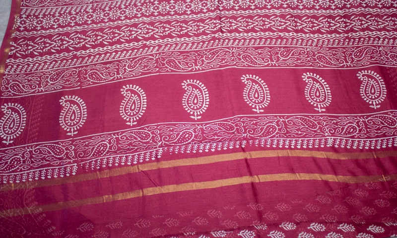 Chanderi Silk Saree - Burgandy with Block Print