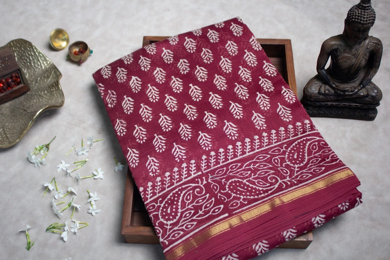 Chanderi Silk Saree - Burgandy with Block Print