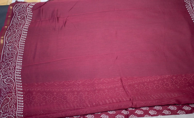 Chanderi Silk Saree - Burgandy with Block Print
