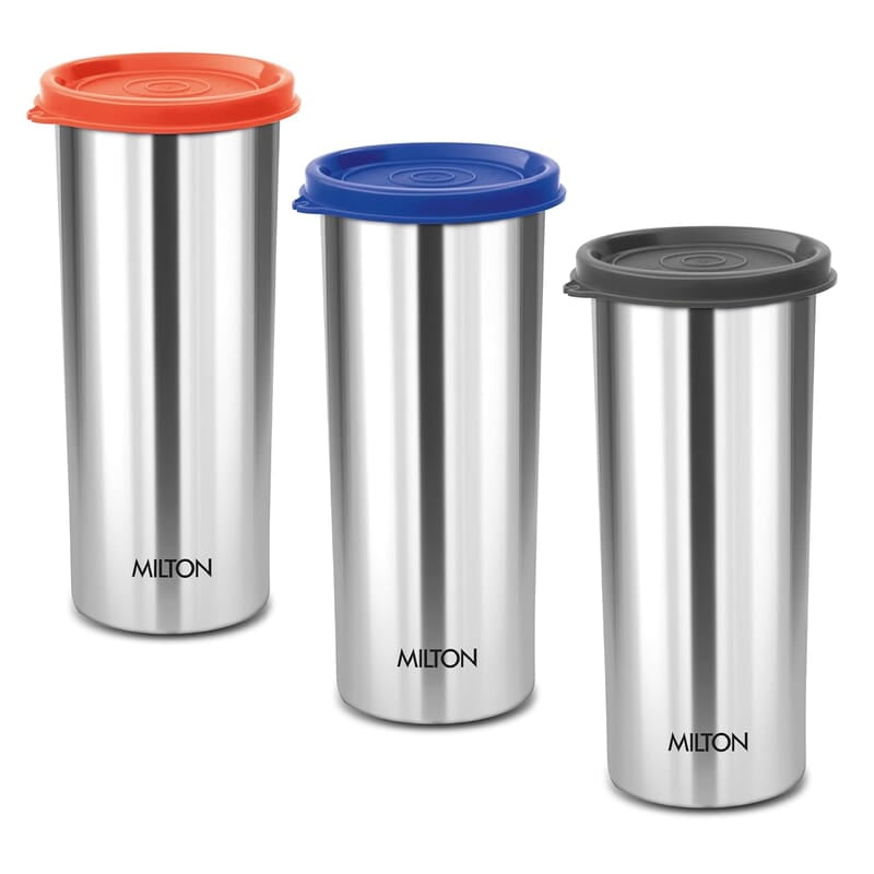 MILTON Stainless Steel Tumbler with Lid Set of 3, 530 ml Each, Assorted (Lid Color May Vary)