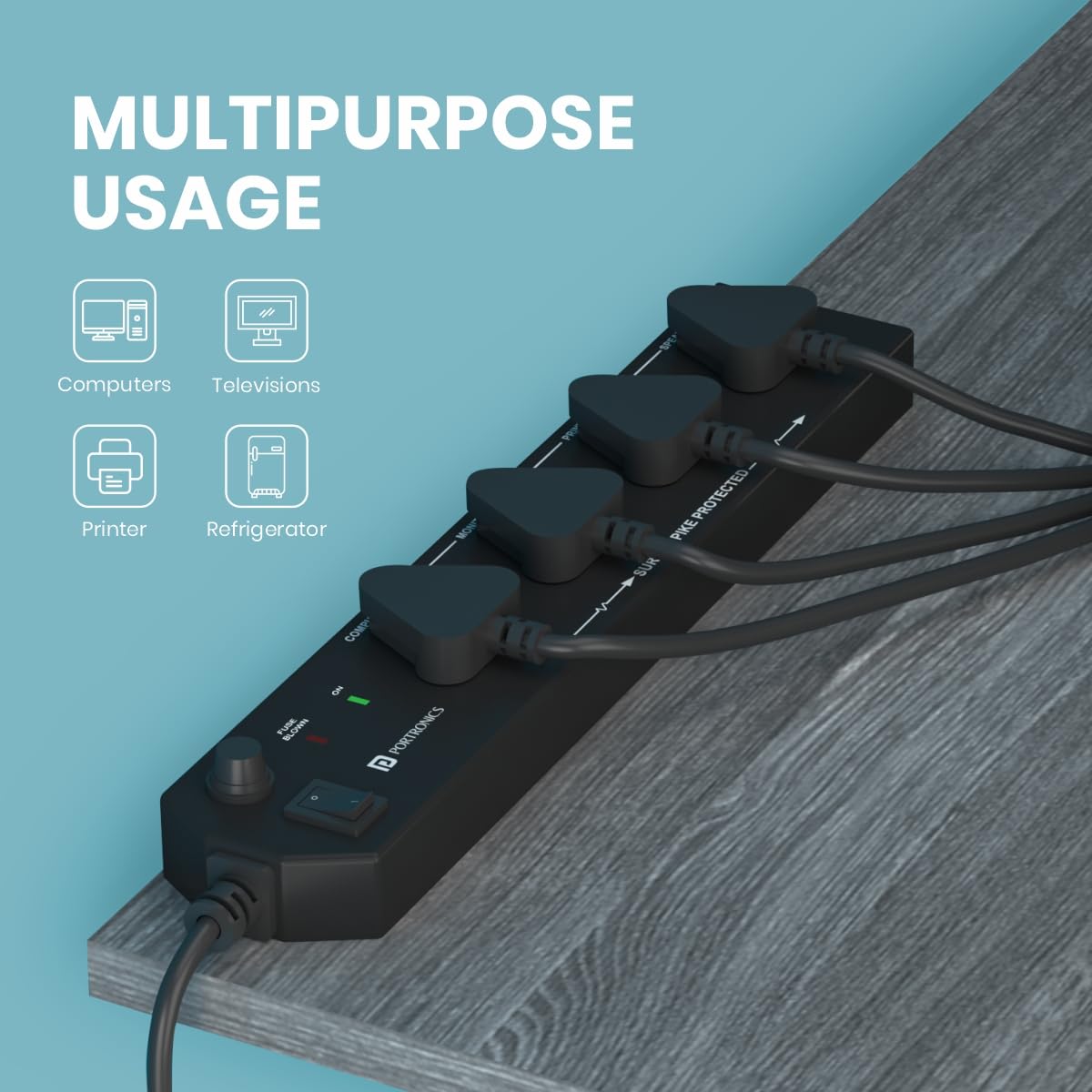 Portronics Power Plate 10 Extension Board – 4 Sockets, 2m Cord, 1500W, 6A, Black