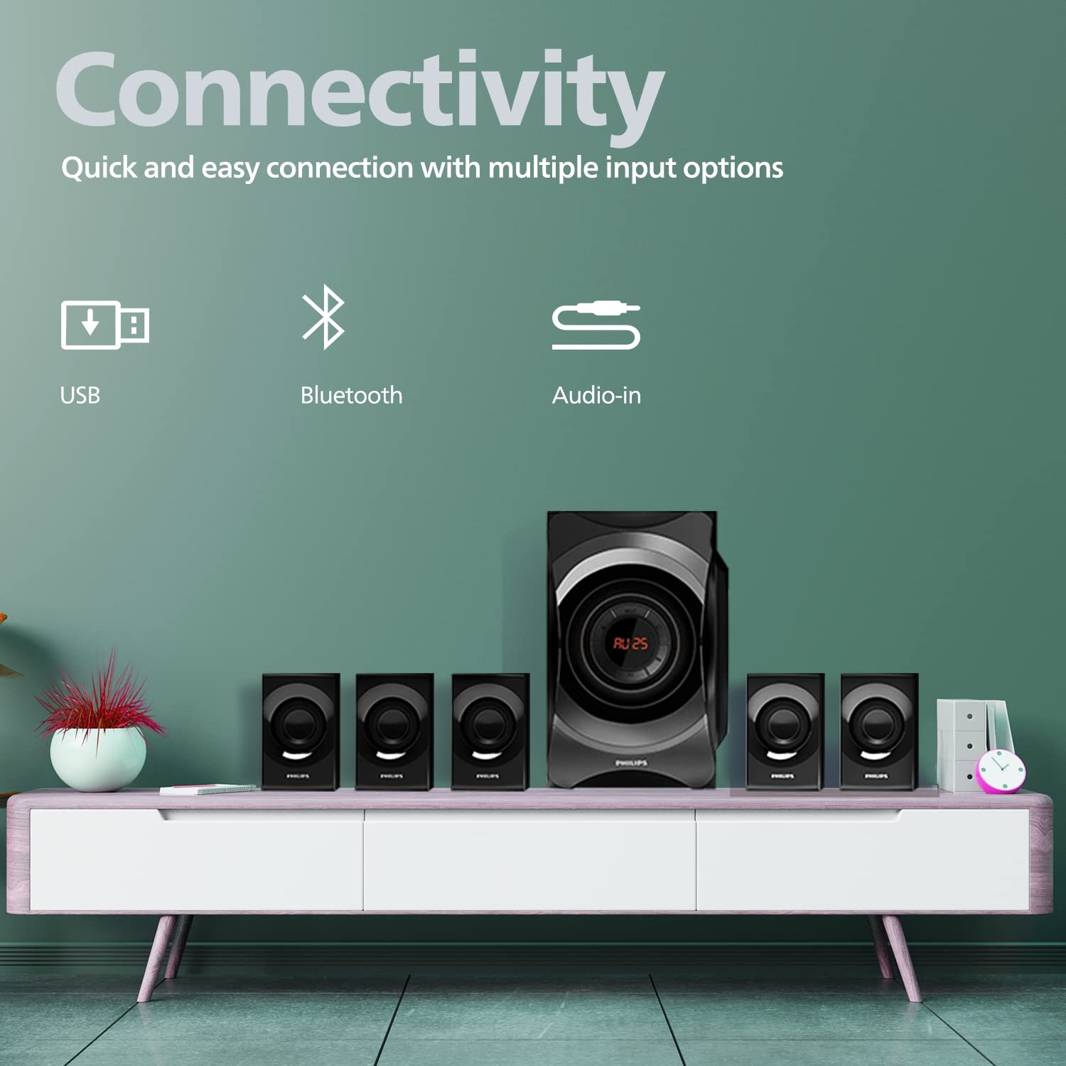 PHILIPS Audio SPA8000B/94 5.1 Channel Multimedia Speaker System with Bluetooth, 5x15W Satellite Speakers, LED Display, Robust Design & Matte Finish (Black) PHILIPS Audio SPA8000B/94 5.1 Channel Multimedia Speaker System with Bluetooth, 5x15W Satellite Speakers, LED Display, Robust Design & Matte Finish (Black)