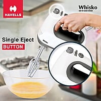 Havells Whisko 300 watt Hand Mixer with Single Eject Button, 5 Speed Turbo Function, Stainless Steel Hooks