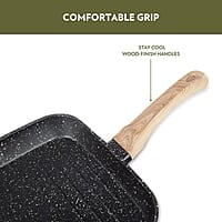 Borosil Vajra Die-Cast Non-Stick Aluminium Square Grill Fry Pan, Frying Pan with Ridges, Black with Wood-Finish Handles, 240 mm Wide, 5 mm Thick