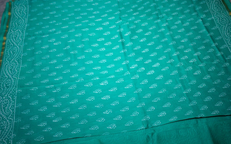 Chanderi Silk Saree - Mint Green with Block Print