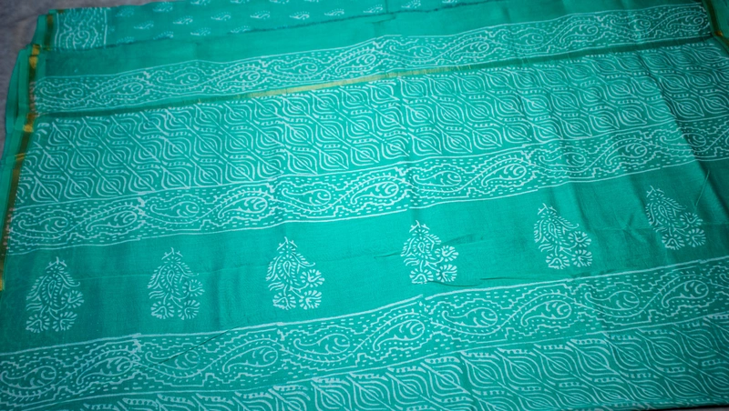 Chanderi Silk Saree - Mint Green with Block Print