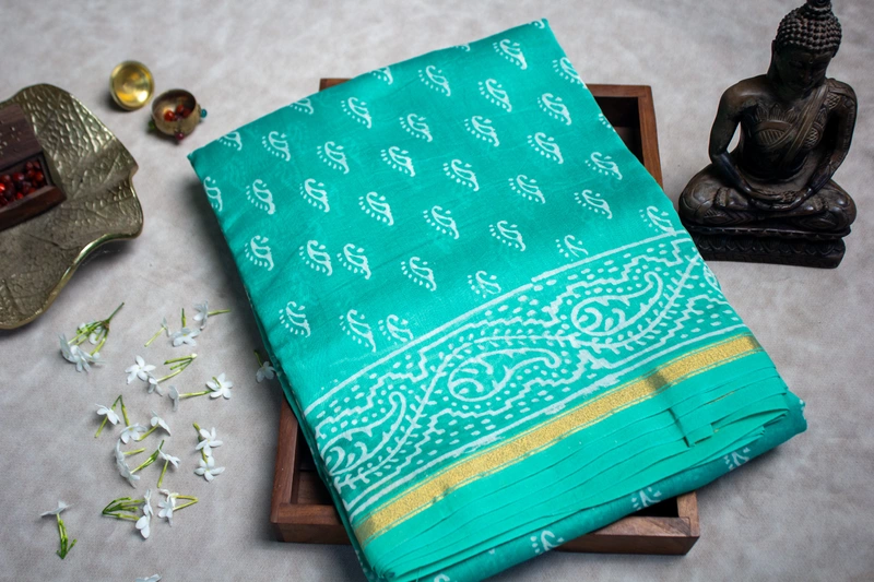 Chanderi Silk Saree - Mint Green with Block Print