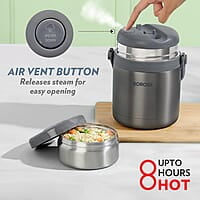 Borosil Hot-N-Fresh Prime Stainless Steel Insulated Lunch Box, Keeps food warm upto 8 Hours, Set of 2 (420 ml + 420 ml), Grey