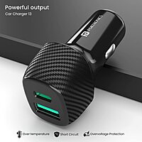 Portronics 43W Dual Output Car Charger 25W Type-C PD + 18W USB Fast Charging Black