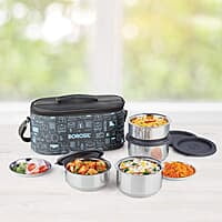 Borosil Carry Fresh Stainless Steel Insulated Lunch Box with Bag, Set of 4 (280 ml x 2, 180 ml x 2)