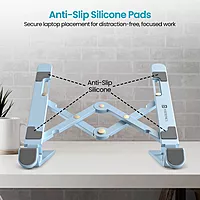 Portronics My Buddy K Lite Laptop Stand – Blue, Foldable, lightweight design, adjustable height, ergonomic support, enhances airflow, compatible with all laptops, perfect for home and office use.