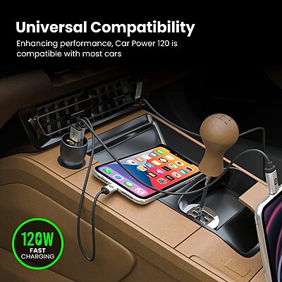 Portronics 120W Car Charger | 3-Port Fast Charging + PD | Charge multiple devices quickly | Compact design | Ideal for road trips | Compatible with various devices | Safe and efficient charging.