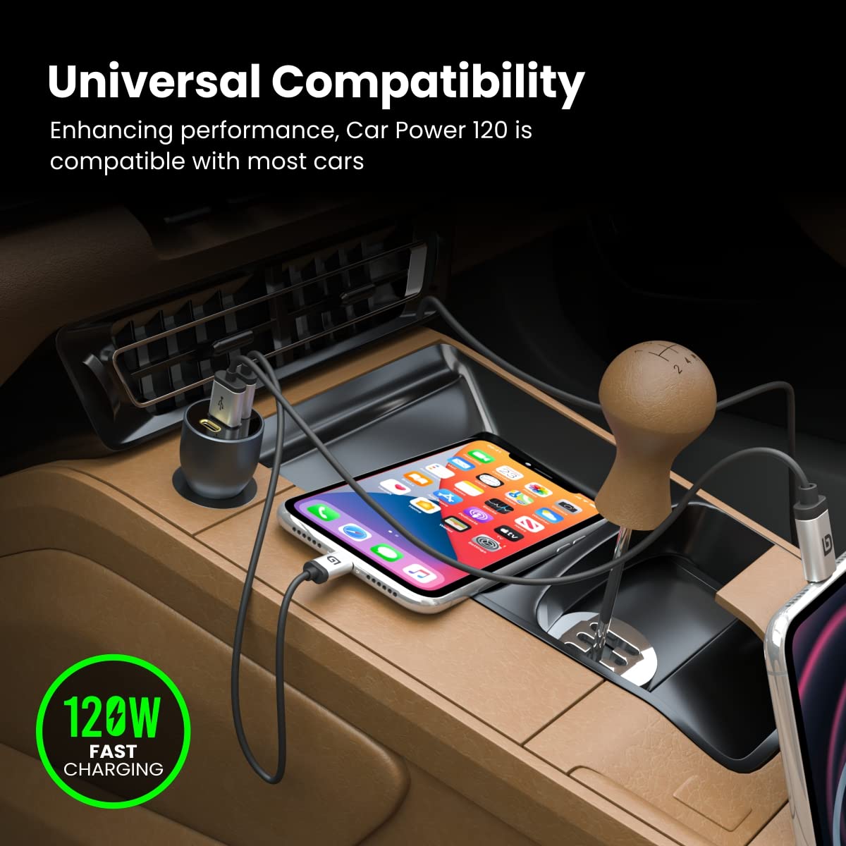 Portronics 120W Car Charger | 3-Port Fast Charging + PD | Charge multiple devices quickly | Compact design | Ideal for road trips | Compatible with various devices | Safe and efficient charging.