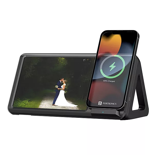 Portronics Freedom 5 15W Wireless Charger & Photo Frame – iPhone 12+ | Black