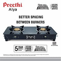 Preethi Alya Glass Top 2 Burner Gas Stove, Manual Ignition