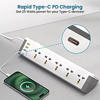 Portronics Power Plate 14 Extension Board – 10 Universal Sockets | 25W Type-C PD | 3 USB Charging Ports | 3 Meter Long Cord | 2500 Watts | Multi-Plug for Home Appliances | White