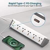 Portronics Power Plate 14 Extension Board with 10 Universal Sockets, 25W Type-C PD, 3 USB Charging Ports, 3 Meter Long Cord, 2500 Watts