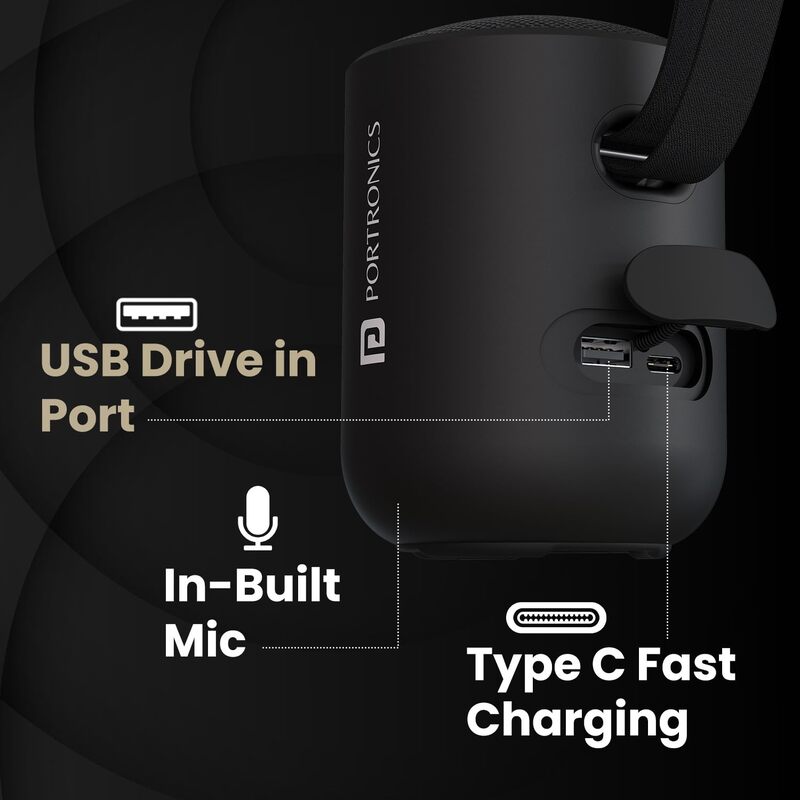 Portronics Soundpot – 20W Portable Speaker with TWS & Mic, delivers powerful sound, wireless connectivity, and hands-free calling. Perfect for outdoor adventures or home use. Enjoy music anywhere!