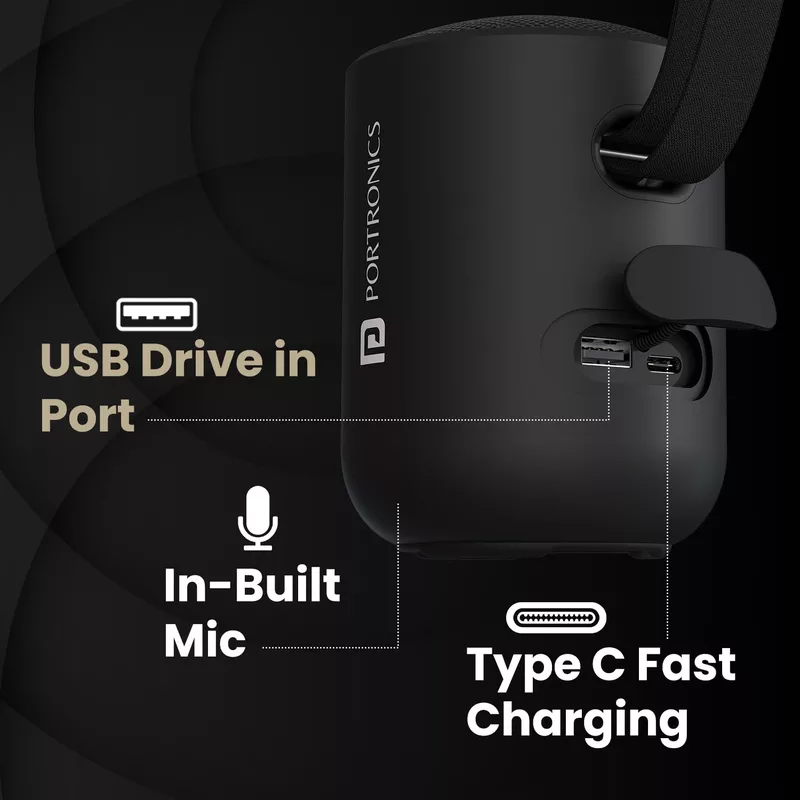 Portronics Soundpot – 20W Portable Speaker with TWS & Mic, delivers powerful sound, wireless connectivity, and hands-free calling. Perfect for outdoor adventures or home use. Enjoy music anywhere!