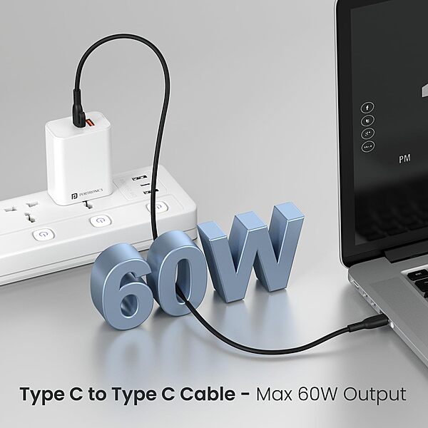 POR 2883 Konnect Core 3 C-C – 60W Type-C to Type-C PVC Cable | 1M | Black | 06 Months