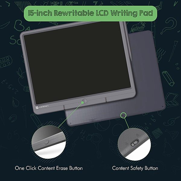 Portronics Ruffpad 15 – 15" LCD Writing Pad, Grey. Perfect for notes, sketches, and reminders. Lightweight, portable, and eco-friendly. Easy to use with a simple erase button. Ideal for all ages.