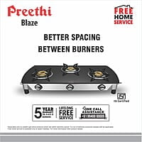 Preethi Blu Flame Blaze Glass top 3 Burner Gas Stove, Manual Ignition