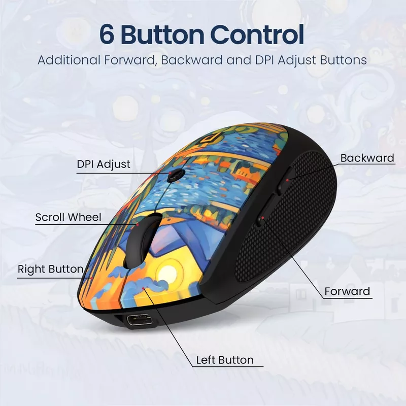 Portronics Toad III Plus Rechargeable Bluetooth Mouse – Bluetooth & 2.4GHz Wireless Connectivity | Stylish Illustrated Design | 6 Buttons | Soft Silicone Grip | Laptop, PC, Mac | Black