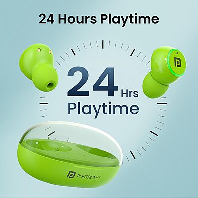 Portronics Twins S13 – TWS Earbuds, 24H Playtime, Green. Enjoy seamless connectivity, rich sound quality, and a stylish design. Perfect for music lovers and on-the-go lifestyles.