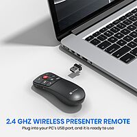 Portronics SlideMate Presenter – Features a red laser pointer, dual plug for USB and Type-C connectivity, compact design, easy navigation for presentations, perfect for professionals and educators.