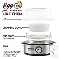 Borosil Electric Egg Boiler, 7 Egg Capacity, For Hard, Soft, Medium Boiled Eggs, Steamed Vegetables, Transparent Lid, Stainless Steel Exterior