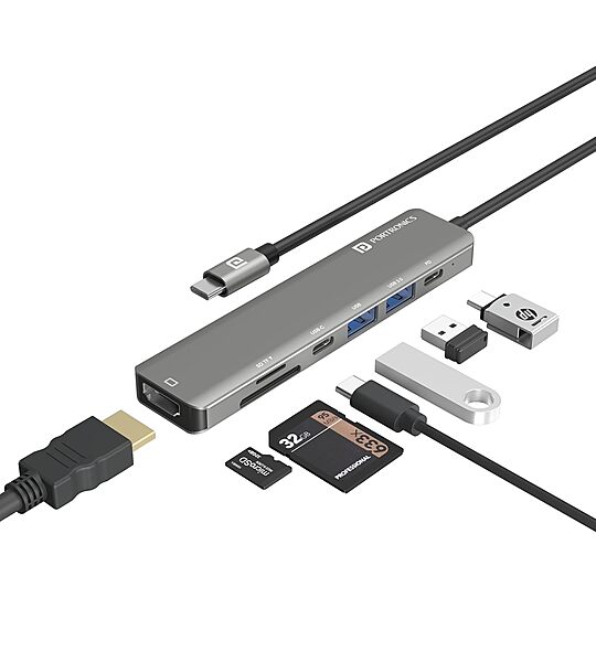 Portronics Mport 52 – 7-in-1 USB-C Hub features 4K HDMI, USB 3.0 ports, SD card reader, and more. Perfect for expanding connectivity for laptops and devices, enhancing productivity on the go.