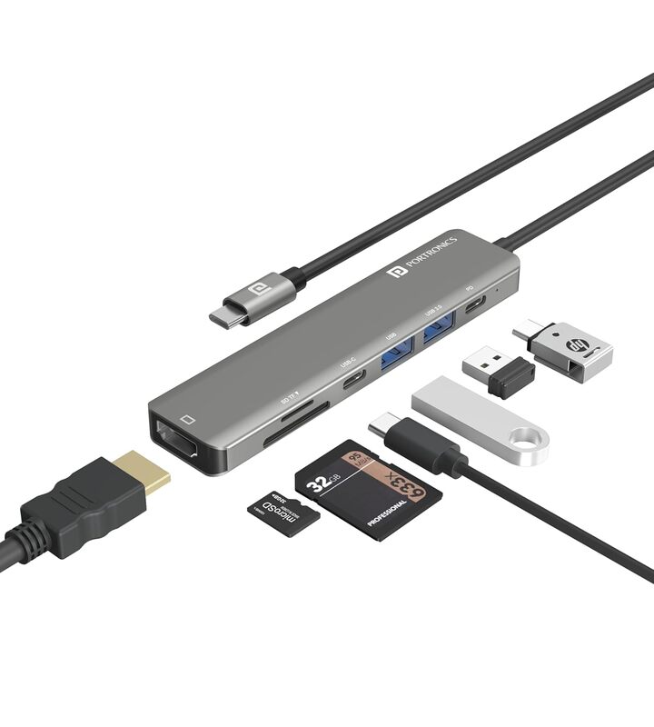 Portronics Mport 52 – 7-in-1 USB-C Hub features 4K HDMI, USB 3.0 ports, SD card reader, and more. Perfect for expanding connectivity for laptops and devices, enhancing productivity on the go.