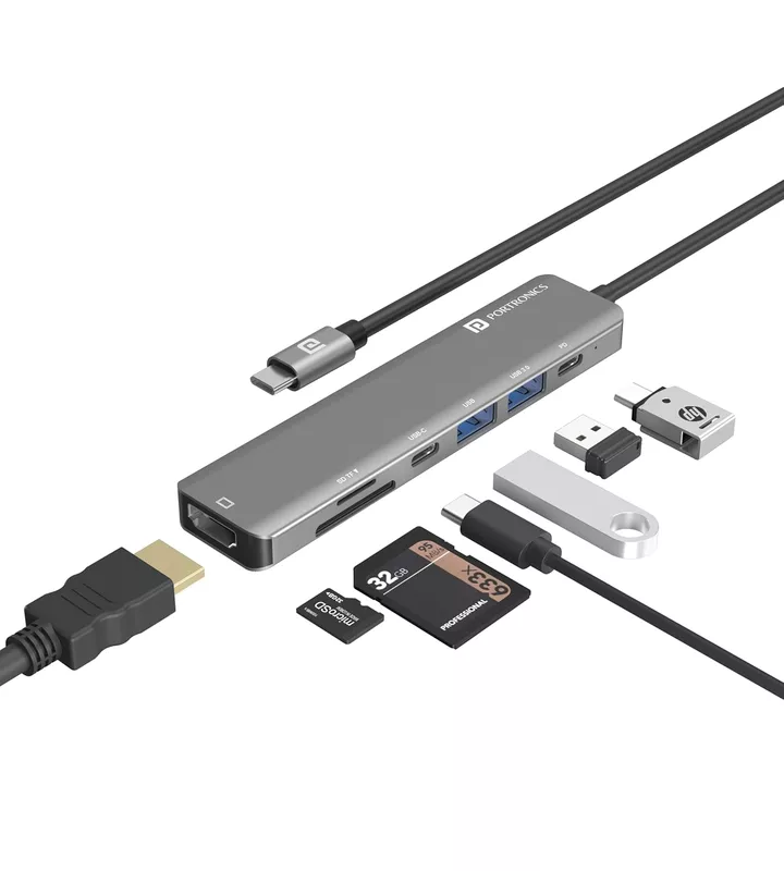 Portronics Mport 52 – 7-in-1 USB-C Hub features 4K HDMI, USB 3.0 ports, SD card reader, and more. Perfect for expanding connectivity for laptops and devices, enhancing productivity on the go.