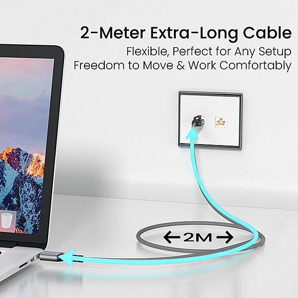 Portronics Ether C Type-C to RJ45 Cat6 Ethernet Cable – 2M |Metal Heads | 1000 Mbps | Zebra