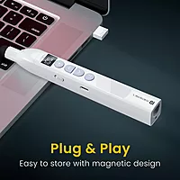 Portronics SlideMate 2 Wireless Presenter – Black. This sleek device features a built-in laser pointer, USB receiver, and ergonomic design, perfect for seamless presentations and easy navigation.