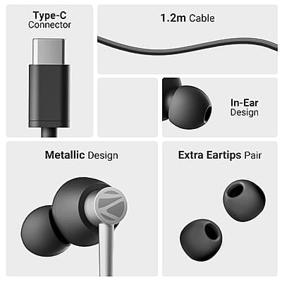 ZEBRONICS BUDS 50C in-Ear Type-C Earphone with in-line Mic, Metallic Design, Volume Control, 1.2m Cable, 14mm Driver
