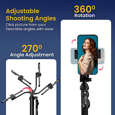 Portronics Lumistick Pro – 360° Smart Selfie Stick: Capture amazing selfies with 360° rotation, Bluetooth, and built-in LED light.